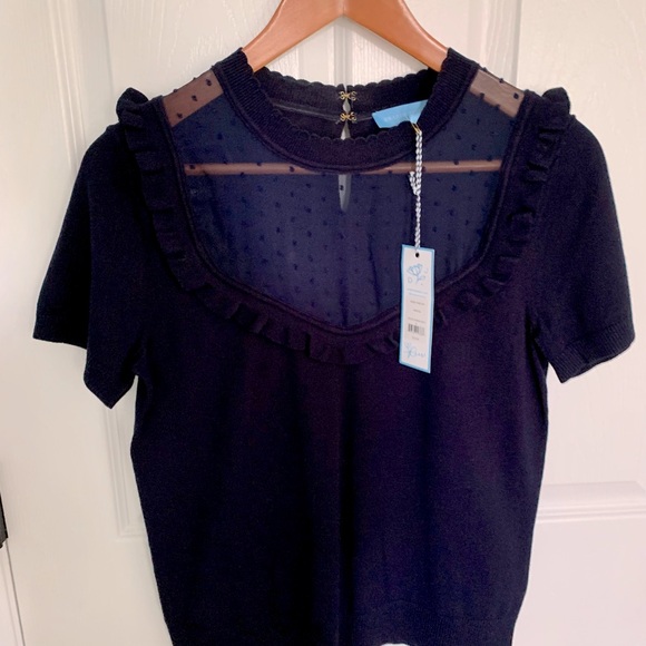 Navy Draper James Sheer Yoke Short Sleeve Sweater Small - Picture 2 of 2